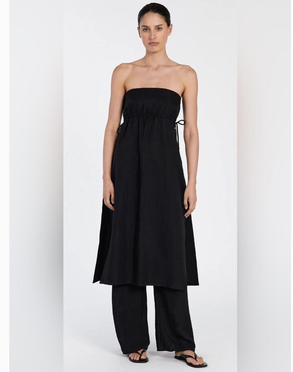 Dissh Mei Linen Blend Long Tunic Top Midi Dress Black Strapless US 10 Fit NWT